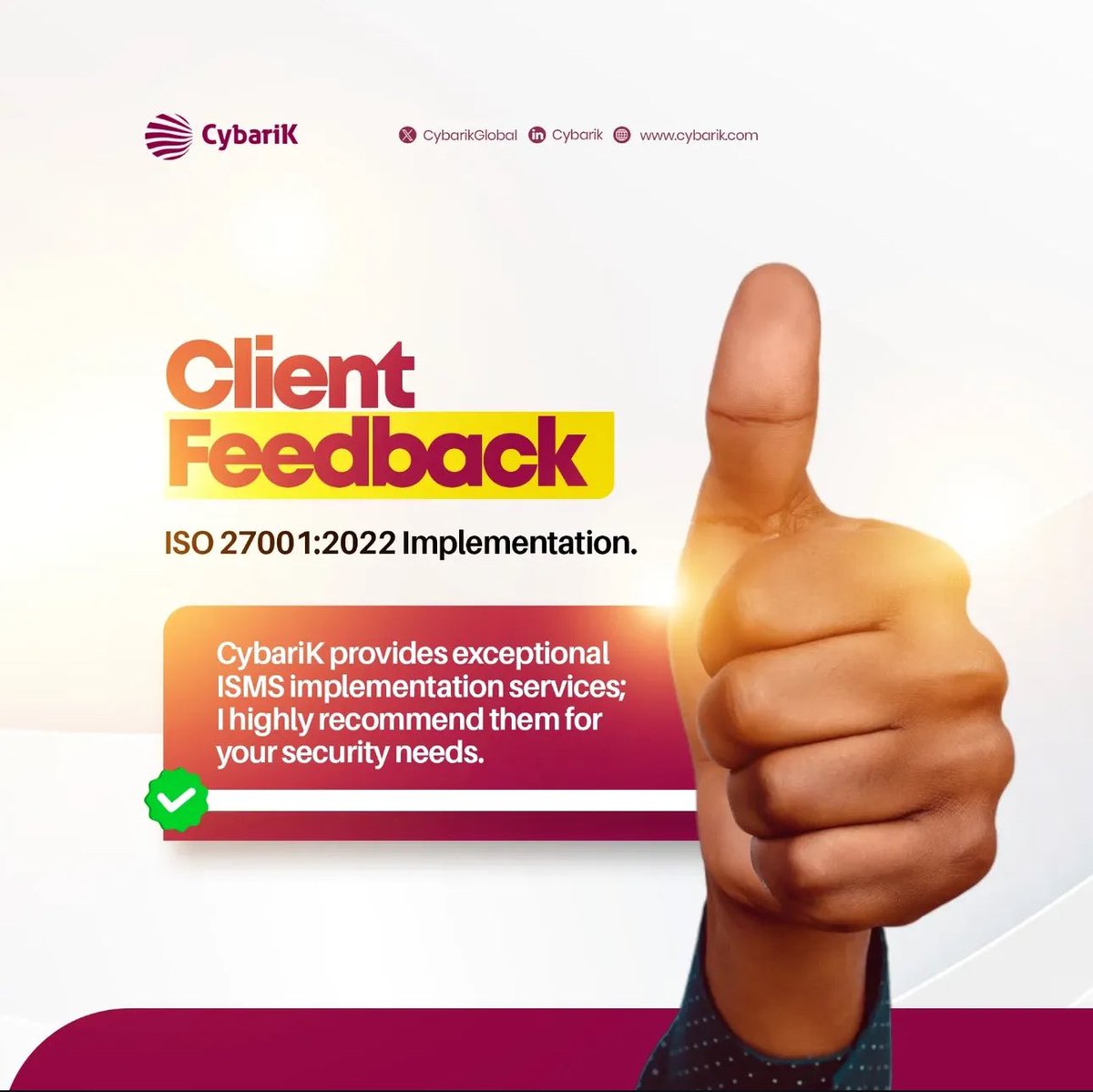 ireteeh's tweet photo. Cybarik supported an organization in Nigeria to achieve compliance to ISO 27001:2022 standard. 

We implemented preventive, detective and corrective security controls in the organization to help improve their security posture.

If your organization needs a trusted security partner, reach out to us ✨