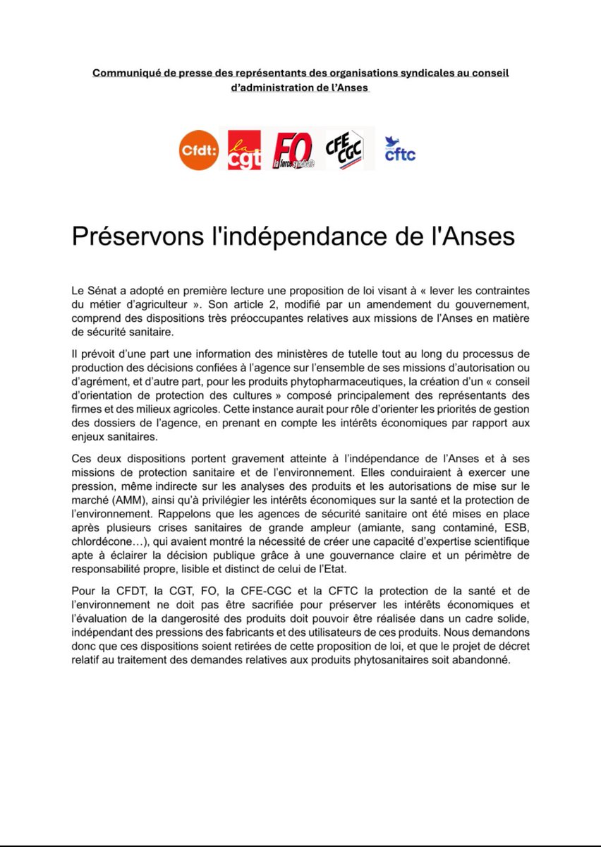 Communiqué de presse des représentants des organisations syndicales au conseil d’administration de l'<a href="/Anses_fr/">Anses</a> 👇