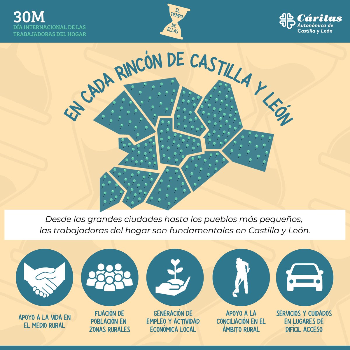 CaritasCyL's tweet image. 👩 Las Trabajdoras del Hogar son fundamentales en #CastillayLeón 

⏳ Dan apoyo a la vida del medio rural, fijan población, general empleo y actividad económica local, facilitan la conciliación o dan servicio en zonas de difícil acceso.

#ElTiempoDeEllas #DaleLaVuelta