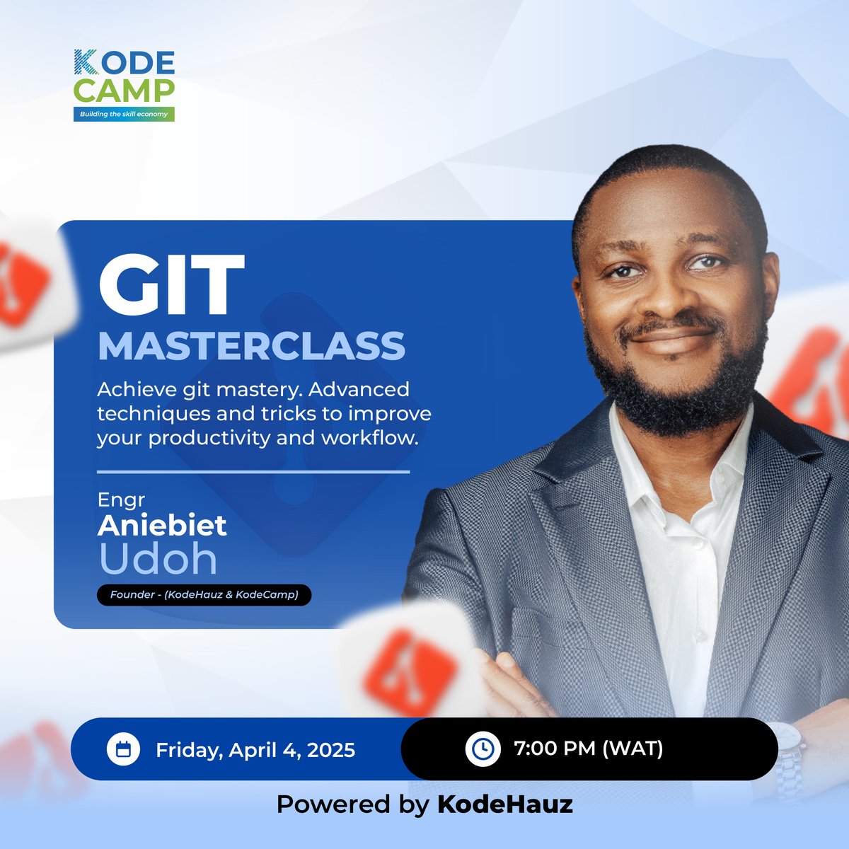 kodehauz's tweet image. Git Masterclass with Engr. Aniebiet Udoh @almaudoh.
Level up your version control skills.
Time: Friday, April 4, 2025, 7:00 PM (WAT).
Venue: Virtual (Zoom)
Meeting Link: bit.ly/gitmasterclass
#KodeHauz #KodeCamp #GitMasterclass
