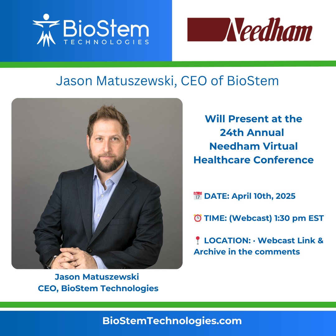 BSEM_Tech's tweet photo. 📢 BioStem CEO Jason Matuszewski to present at the 24th Annual Needham Virtual Healthcare Conference on April 8 at 11:45 AM ET. Don’t miss our story of innovation, growth &amp; the power of BioREtain™! https://t.co/ACFakjHYWo

#NeedhamHealthcareConference #WoundCare #BioREtain $BSEM https://t.co/R1GfvMQPMd