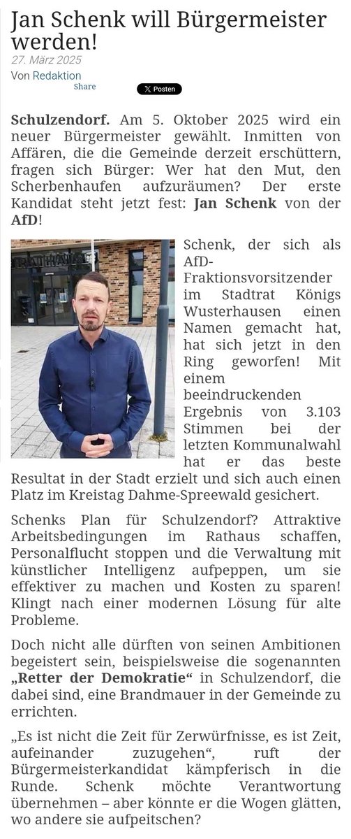 JanSchenkkwh's tweet photo. In meiner Heimat ist endlich Mut gefragt! Deshalb werde ich mich darum bewerben, für unsere #AfD zum #Bürgermeister in #Schulzendorf kandidieren zu dürfen! 
Quelle: https://t.co/fWGOdJFOd8 https://t.co/zORK3uLoCz