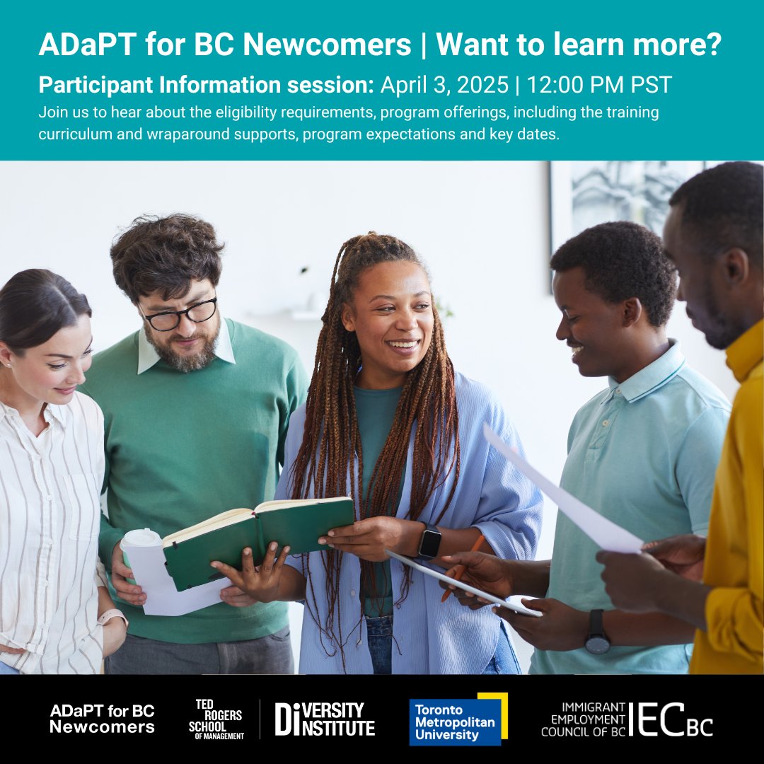 Advanced Digital and Professional Training (ADaPT) (@adapt_tmu) on Twitter photo 🌟 Are you a newcomer to British Columbia looking to grow your career?
Join us for the ADaPT for BC Newcomers Info Session! Find out how ADaPT can help you build the skills you need for success in the workforce.
🔗 Save your spot: docs.google.com/forms/d/e/1FAI…
<a href="/IEC_BC/">IEC-BC</a> <a href="/TorontoMetDI/">Diversity Institute</a> 🌟 Are you a newcomer to British Columbia looking to grow your career?
Join us for the ADaPT for BC Newcomers Info Session! Find out how ADaPT can help you build the skills you need for success in the workforce.
🔗 Save your spot: docs.google.com/forms/d/e/1FAI…
<a href="/IEC_BC/">IEC-BC</a> <a href="/TorontoMetDI/">Diversity Institute</a>