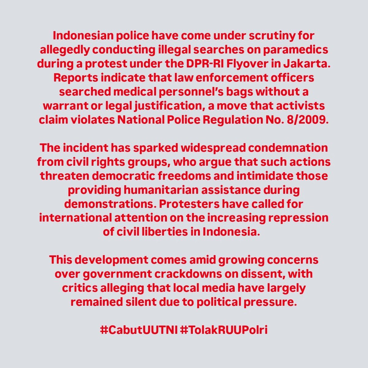 minlichoco's tweet photo. Jakarta, Indonesia – March 27, 2025. Indonesian Police Accused of Illegal Searches on Paramedics During Protests. 🚨 #CabutUUTNI #TolakRUUPolri 

@taiwanplusnews @AJENews @arirangtvnews @NBCNews @Newsweek @BBC @BBCWorld @BBCBreaking @BBCNewsAsia @CNNnews18 @ABCWorldNews @SCMPNews https://t.co/Mhj9k5Euvs
