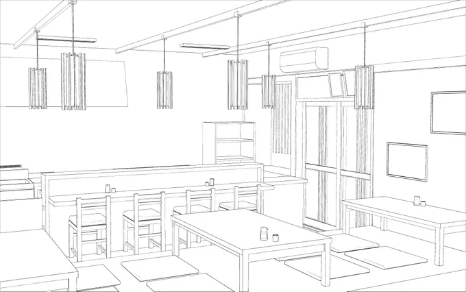 あざす…!!
こんな感じの定食屋の土台の3Dだけ作って、後の店内も外の背景もアシさん達にめっちゃ描いてもらいました🫡 