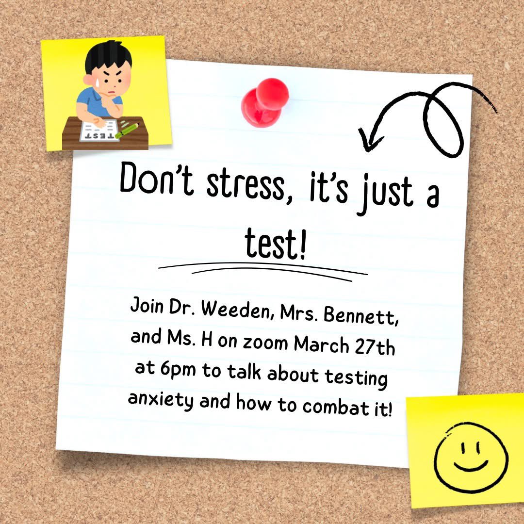 Don't stress, it's just a test! Join us tonight at 6:00 pm EST/5:00 CST on Zoom as we talk about test anxiety. Our school counselor, Mrs. Bennett, and our special education teacher, Ms. H will lead parents in strategies on how to handle test anxiety with your child. ✏🤓📗