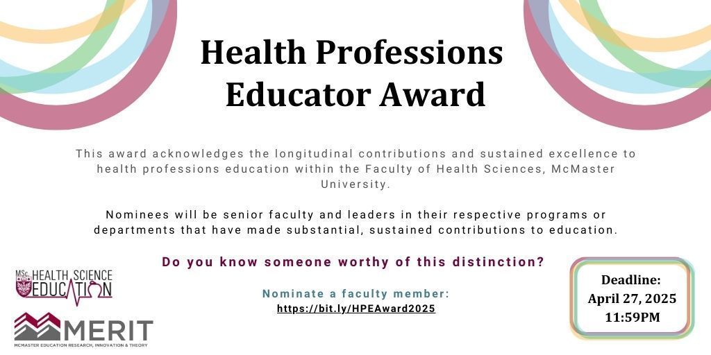 McMaster Education Research, Innovation & Theory (@merit_mcmaster) on Twitter photo Only one month left to submit nominations for the annual Health Professions Educator Award! Don't miss the chance to acknowledge a faculty member's contributions in #HPE. Nominations are due by April 27, 11:59PM: buff.ly/4gXA9Ef <a href="/McMasterHSED/">MSc Health Sci Education (HSED)</a> Only one month left to submit nominations for the annual Health Professions Educator Award! Don't miss the chance to acknowledge a faculty member's contributions in #HPE. Nominations are due by April 27, 11:59PM: buff.ly/4gXA9Ef <a href="/McMasterHSED/">MSc Health Sci Education (HSED)</a>