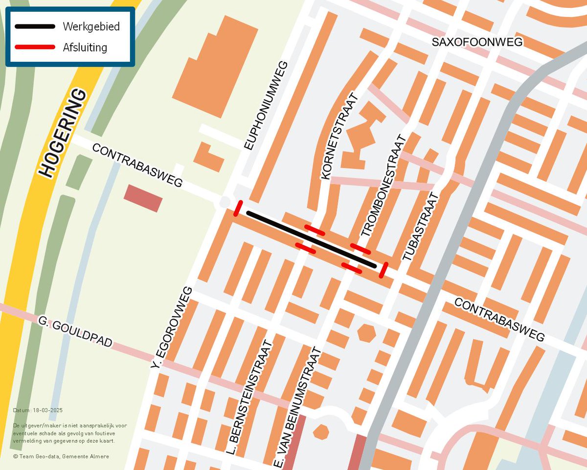 werkaandedreven's tweet photo. Van ma 31 mrt t/m vrij 11 april wordt het asfalt op de Contrabasweg tussen de rotonde met de Y. Egorovweg en de Tubastraat vervangen. De weg tussen de Y. Egorovweg en de Tubastraat is afgesloten. De rotonde bij de Y. Egorovweg is open. Meer info:https://t.co/rFitCuC5cb. https://t.co/bOCY37dtBu