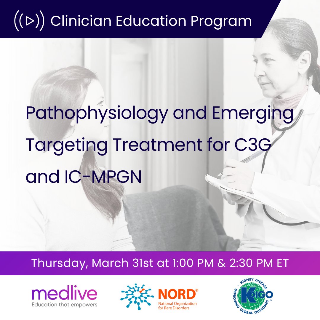RareDiseases's tweet photo. Stay ahead in patient care for rare kidney diseases with the latest insights on C3 glomerulopathy (#C3G) and IC-MPGN in our expert-led, #CME-credited program with @MedliveOfficial. RSVP to watch live on 3/31: https://t.co/ElgwE2IeFb
#MedEd #KidneyDisease #ICMPGN #MPGN #Glomerulonephritis #RareKidneyDisease #Nephrology