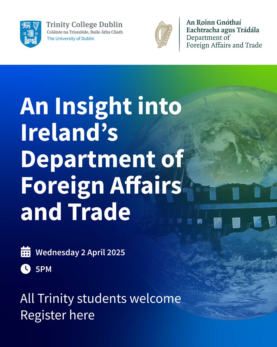 TCD Social Sciences & Philosophy (@tcd_ssp) on Twitter photo Join us on Weds, 2nd April for a conversation with Michael Gaffney (<a href="/Irish_Aid/">Irish Aid</a> and Dept of Foreign Affairs) and Prof Gail McElroy (<a href="/TCDPoliticalSci/">TCD Political Science</a>) about the diverse impact of DFAT.
📆 Weds, 2 April
⏲️5pm
🚩 Register via bit.ly/register-DFAT-…
<a href="/tcdglobal/">Trinity College Dublin Global</a> Join us on Weds, 2nd April for a conversation with Michael Gaffney (<a href="/Irish_Aid/">Irish Aid</a> and Dept of Foreign Affairs) and Prof Gail McElroy (<a href="/TCDPoliticalSci/">TCD Political Science</a>) about the diverse impact of DFAT.
📆 Weds, 2 April
⏲️5pm
🚩 Register via bit.ly/register-DFAT-…
<a href="/tcdglobal/">Trinity College Dublin Global</a>