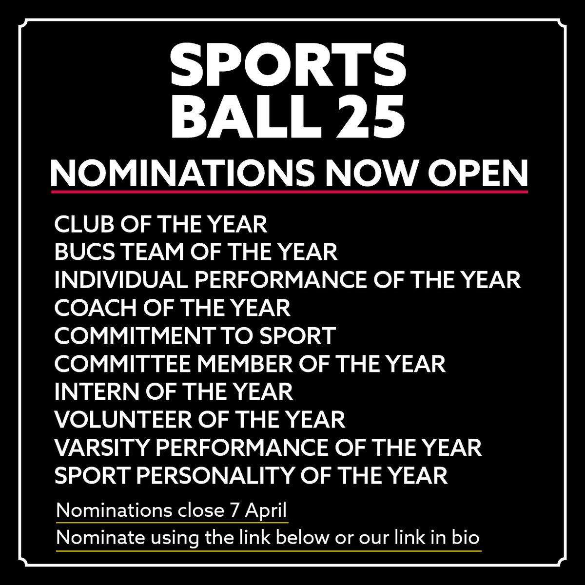 ✨ SPORTS BALL NOMINATIONS ✨

Nominations are now open for Sports Ball Awards! Do you know someone (or has your club) gone above a beyond this year? Make sure to nominate them using the link below! Nominations are open until 7 April! 

app.geckoform.com/public/#/moder…
