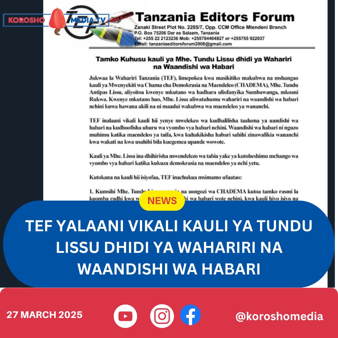 KoroshoMedia's tweet photo. Jukwaa la Wahariri Tanzania  limepokea kwa masikitiko makubwa kauli iliyotolewa na Mwenyekiti wa CHADEMA, Mhe. Lissu, wakati wa mkutano wa hadhara uliofanyika Sumbawanga, mkoani Rukwa. Katika mkutano huo, Mhe. Lissu aliwatuhumu wahariri na waandishi wa habari kuwa hawana akili.. https://t.co/rdVIgTw5TP