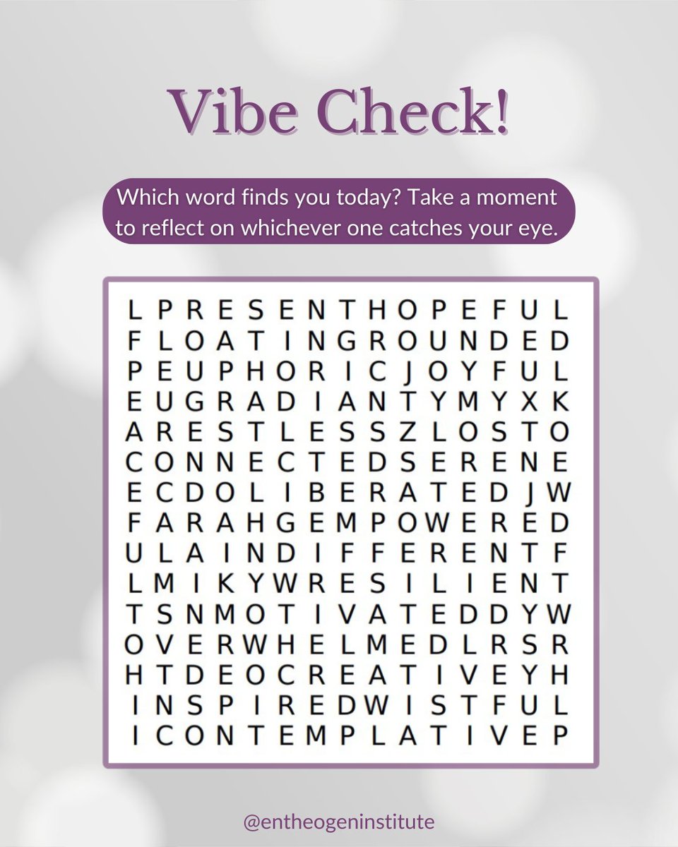 EntheoTraining's tweet photo. Vibe check! ✨ Which word finds you today? Let your eyes scan the puzzle and see what stands out—no overthinking. Drop your word in the comments! 👇 #VibeCheck #SelfReflection #MindfulMoments https://t.co/9Zn6dTuFUW