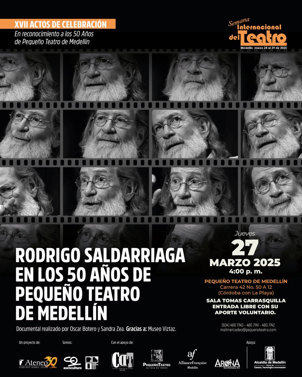 HOY les esperamos en el #estreno del documental 
RODRIGO SALDARRIAGA con motivo de nuestro #50aniversario

Realizado por Sandra Zea y Oscar Botero a partir de una grabación hecha por el Museo Vistaz en 2013, complementado con testimonios y material inédito 

4:00pm
#EntradaLibre