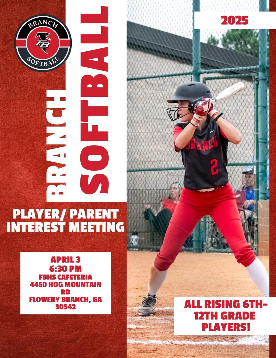FBHS Softball (@softballfbhs) on Twitter photo Calling ALL Middle and High School Softball Players, (Rising 6th-11th grade students). Flowery Branch Softball will have an interest/informational meeting for Players/ Parents on Thursday, April 3 at 6:30 PM in the FBHS Cafeteria! For questions, email Rebecca.browning@hallco.org! Calling ALL Middle and High School Softball Players, (Rising 6th-11th grade students). Flowery Branch Softball will have an interest/informational meeting for Players/ Parents on Thursday, April 3 at 6:30 PM in the FBHS Cafeteria! For questions, email Rebecca.browning@hallco.org!