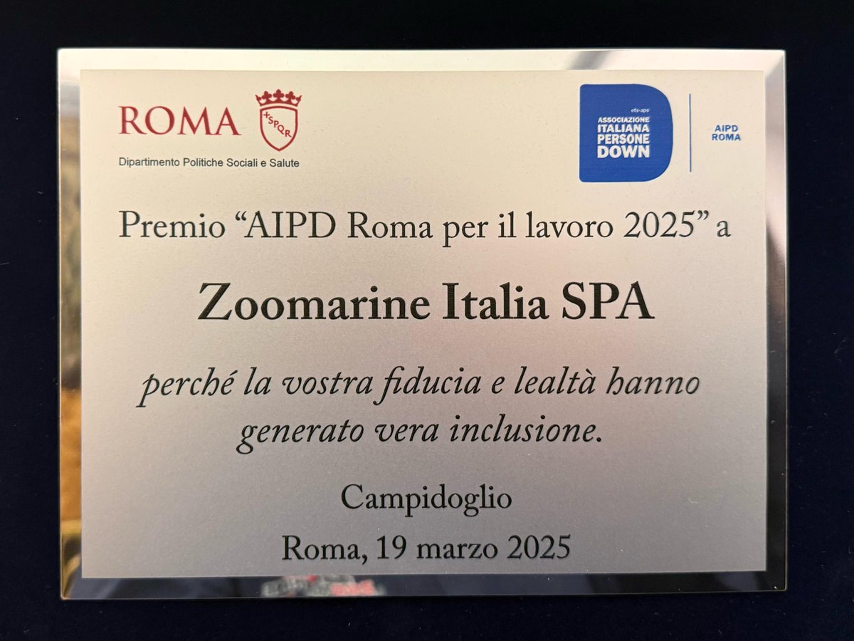 El pasado 19 de marzo, en conmemoración del Día Internacional del Síndrome de Down, Zoomarine fue galardonado por el Ayuntamiento de Roma y el Departamento de Políticas Sociales y de Salud de Roma Capitale con el prestigioso Premio "AIPD Roma por el Trabajo 2025", otorgado por la