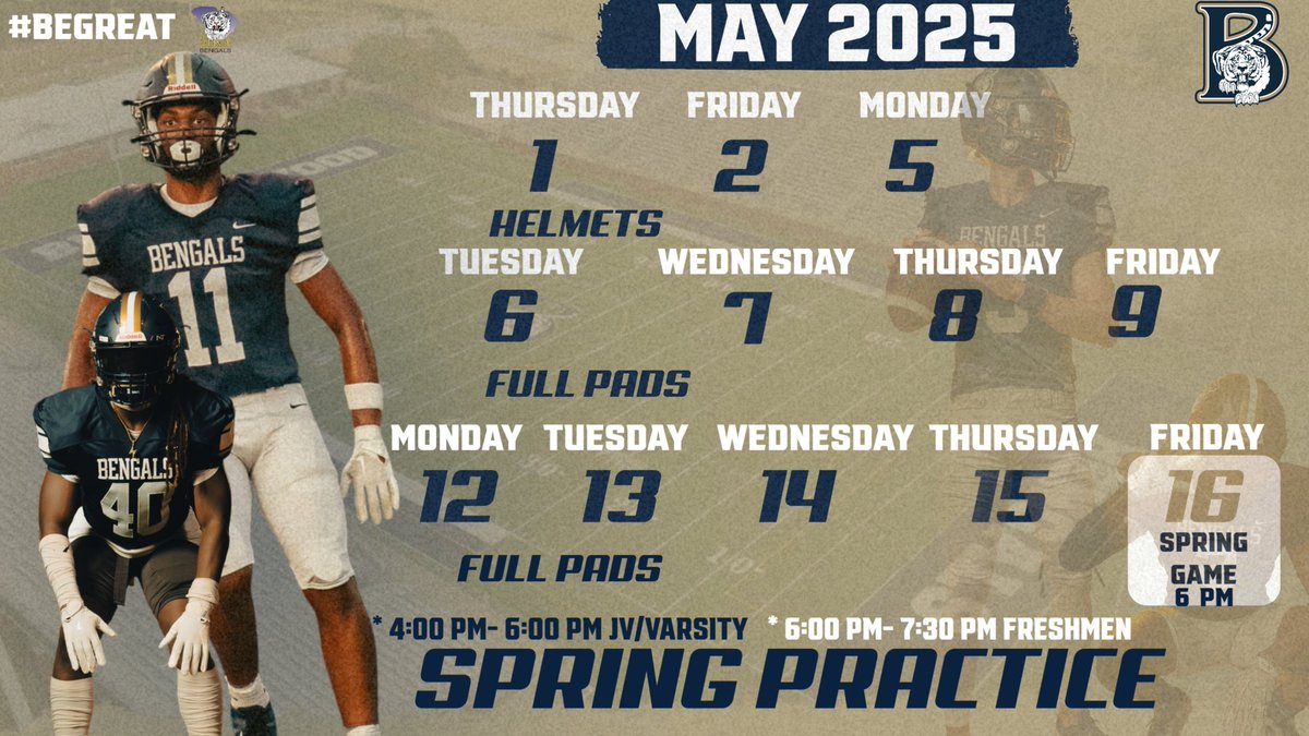 🏈🐅 Blythewood Bengals Football is back! Spring practice kicks off soon (May 1st)—time to put in the work and get better every day. 💪🔥
CHECK THE CALENDAR FOR DATES AND TIME. 

🚨COLLEGES ARE WELCOME!!!🚨
#BengalPride #BeGreat #BlythewoodFootball #SpringBall