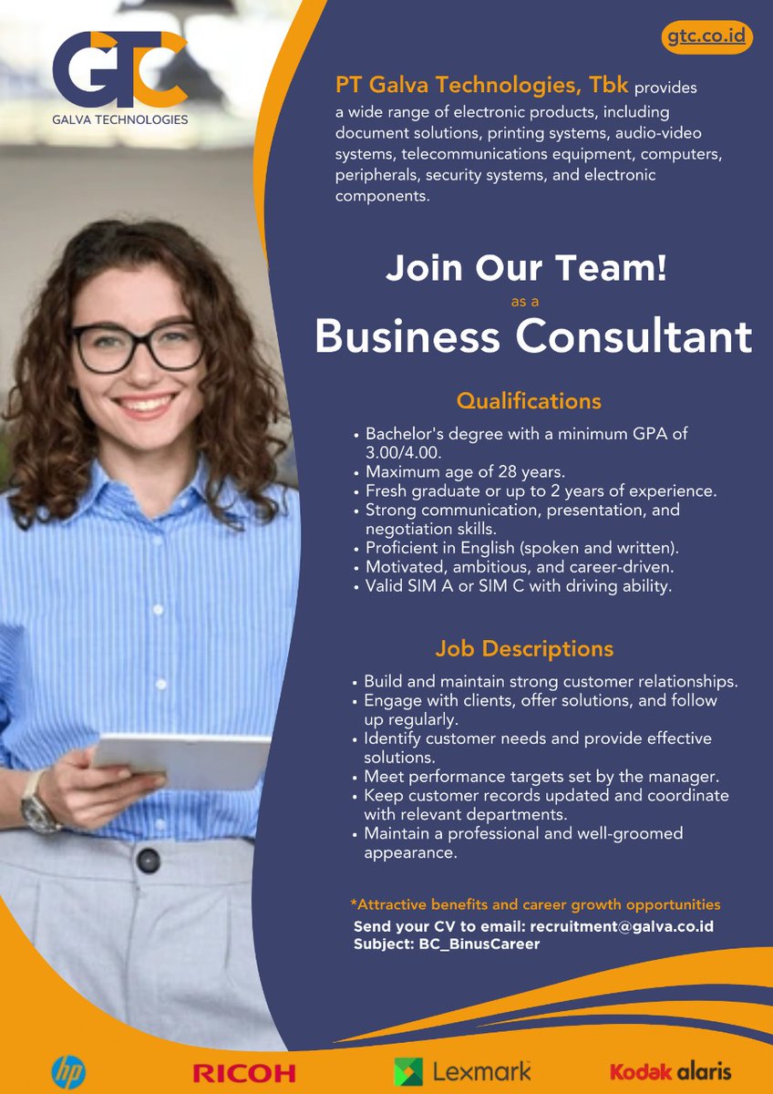 Unlock Your Potential with Galva Group! 

With placements available in Balikpapan, Denpasar, Jakarta, Kupang, Mataram, Palembang, Pekanbaru, Surabaya, and Yogyakarta

To apply, send your CV to recruitment@galva.co.id 

with the subject line BC_BinusCareer.