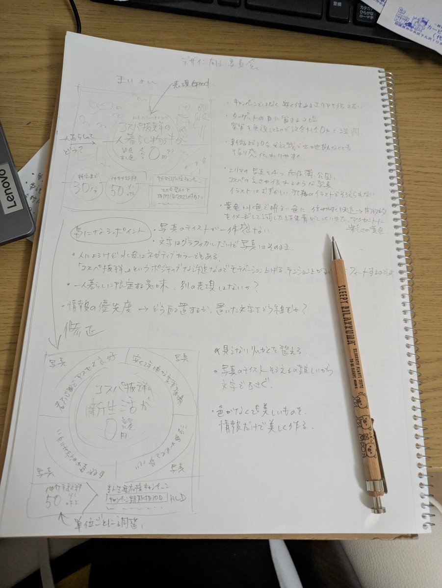 めちゃくちゃ、むちゃくちゃ有益でした
理由付けの無理くり感、ほんとそう思ってたからきちんと原理があるものを使う話は納得
コピーと配色・テイストの一体感、イラストの統一感などなんとなく～のものに理由付けできて思わず声が出たｗ
走り書きだけど全部大事！という思い
#デザイン向上委員会