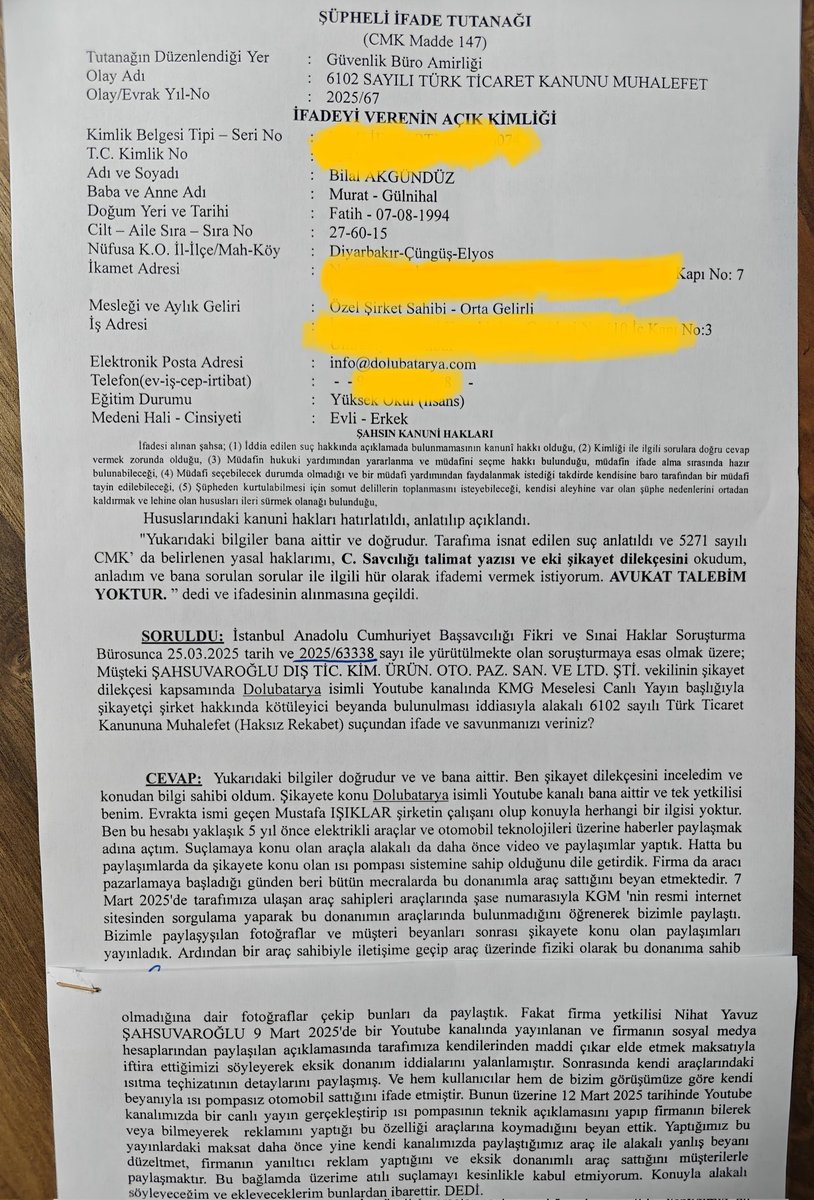 ⚠️Isı pompasız araç sattığını haber yaptık diye KGM distribütöründen Dolubatarya hakkında suç duyurusu!

Binlerce KGM Torres EVX sahibine ısı pompalı diyerek reklam yapıp eksik donanımla araç sattığı ortaya çıkan distribütör Şahsuvaroğlu, yaptığımız haberler sebebiyle 'haksız