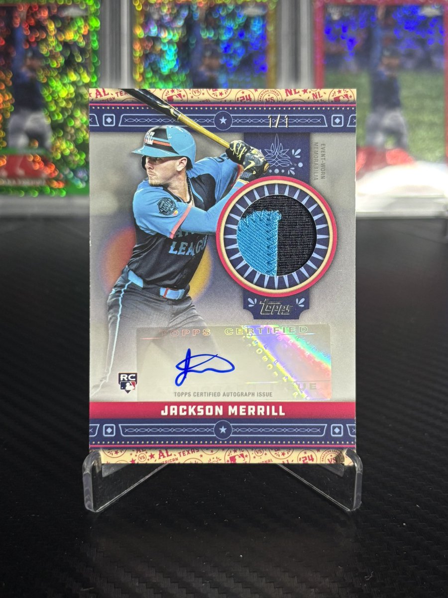Hard to believe I still have this guy:

2024 Topps Jackson Merrill 1/1 ASG Rookie Patch Auto 

Skenes did $22k, take Merrill for $4.5k OBO

RTs always appreciated 🙏