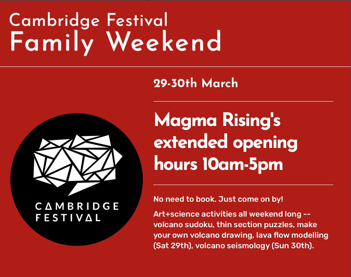 29-30 March, it's the <a href="/Cambridge_Fest/">Cambridge Festival</a> family weekend!

On Saturday, we have a Lava Flow Modelling workshop with Dr Lara Mani. While on Sunday, Professor Nick Rawlinson will be leading a Volcano Seismology demonstration and workshop. 🌋

Find out more: magmarising.org/events/
