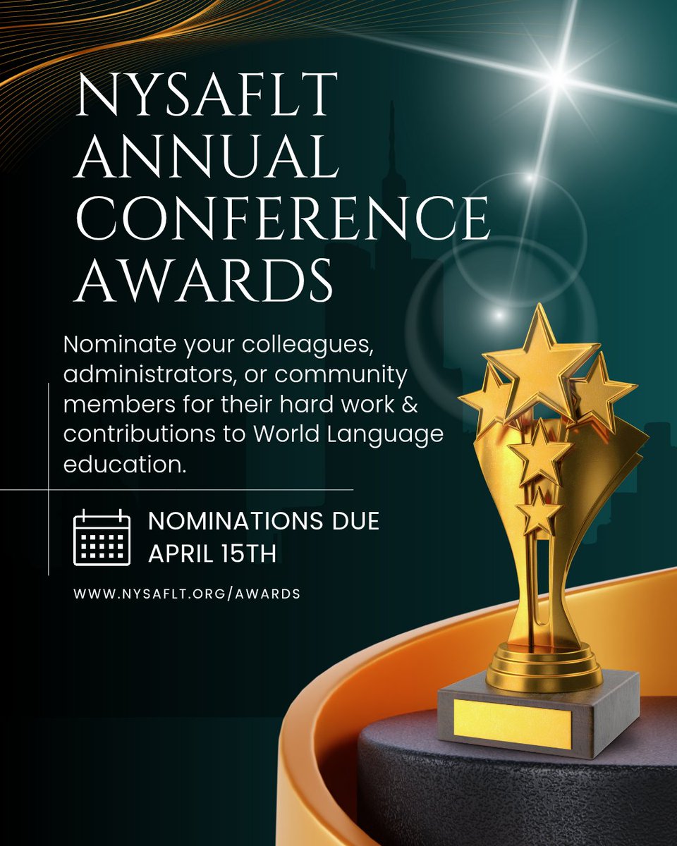 Do you know a colleague who is outstanding? Nominate them for one of our Annual Conference awards and recognize them for all they do. 
nysaflt.org/awards