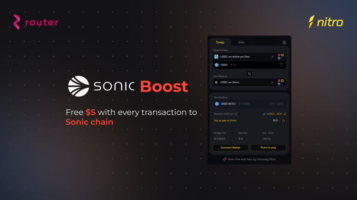 Introducing Sonic Boost! ⛽

Free $S with every transaction to Sonic chain via <a href="/NitroByRouter/">Nitro | Powered by Router</a>. If you land on Sonic with an empty tank, we’ll auto-top you up with 0.1 $S!

Valid on all cross-chain swaps or transfers from 50+ chains to <a href="/SonicLabs/">Sonic</a>.

Use Nitro by Router Protocol