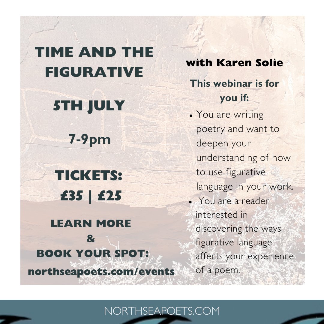 Ending the week with a brand new online workshop up on northseapoets.com 🌊

Time and the Figurative with Karen Solie 
🗓️ Saturday 5th July 7-9pm 
🎟️ £35 / £25 concession 
#NorthSeaPoets #Poetry #PoetryCommunity