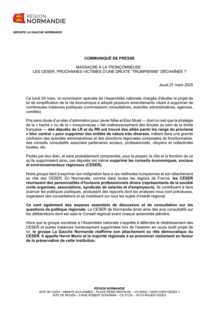 GaucheNormande's tweet image. Par amendement au projet de loi dite de "simplification la vie économique", LR, RN et le "bloc central" ont voté la suppression des CESER.
Nous réaffirmons notre attachement à ces institutions clés pour la démocratie régionale et appelons Hervé Morin à soutenir leur maintien. ⬇️