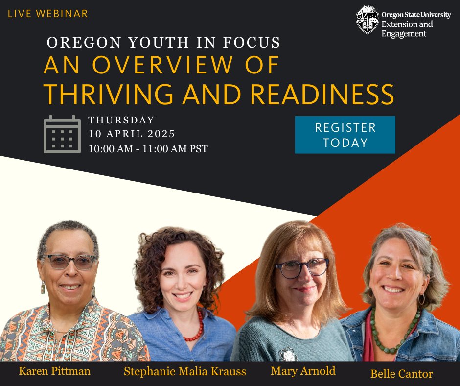 Join <a href="/OregonStateExt/">Oregon State Extension Service</a> on 4/10 at 10 a.m. PT for the first webinar in the Oregon Youth In Focus series. To kick off our webinar series, <a href="/KarenPittman/">Karen J. Pittman</a>, Mary Arnold, Stephanie Malia Krauss and <a href="/bellecantor/">Belle Cantor</a> will explore the science and research behind thriving and readiness and how