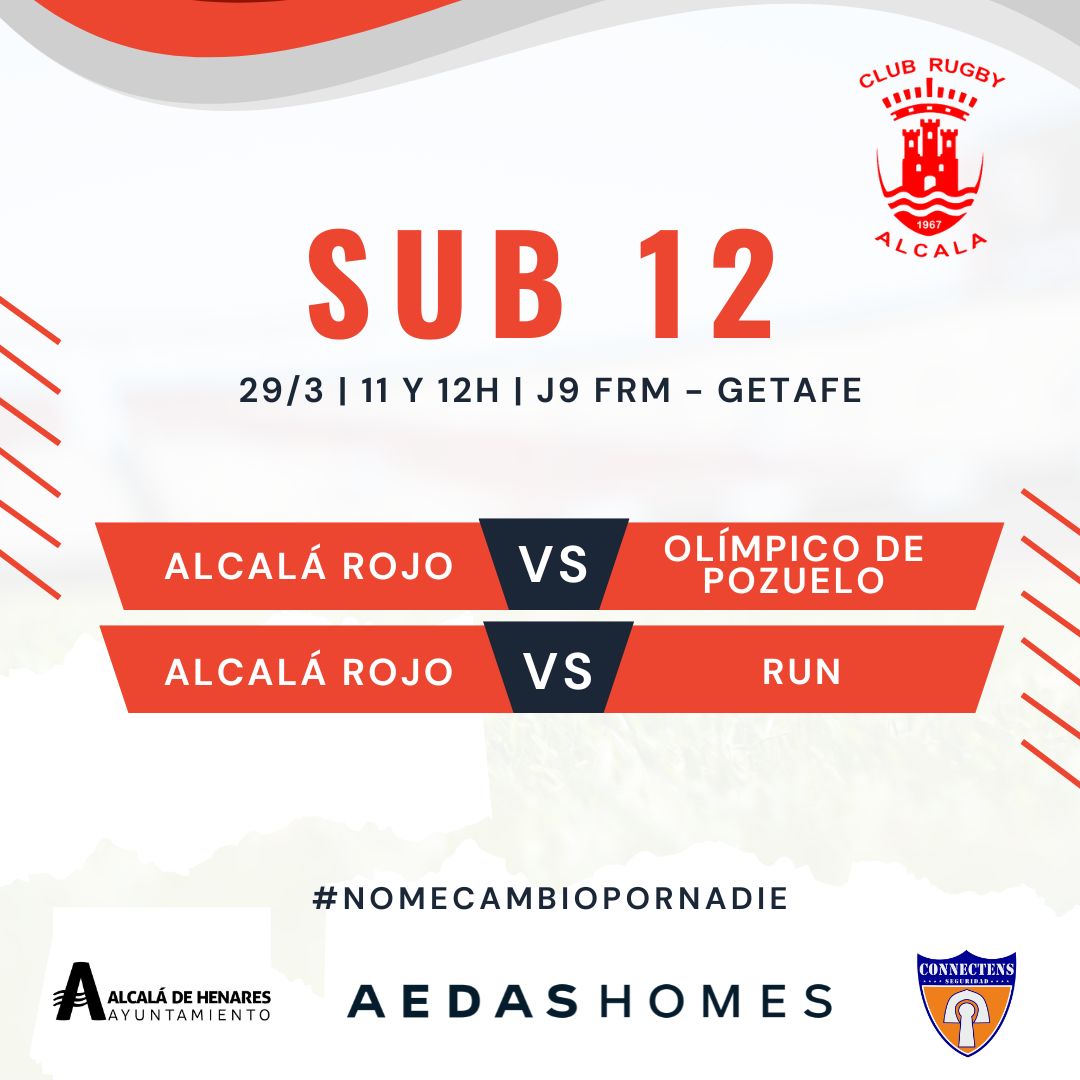 🏉 Agenda Academia/Escuela
⚪️ S14 
🆚 Getafe
🕕 29/3, 14h

📍Alcalá


⚪️ S14 – Guadalajara - Torrejón
🆚 San Isidro Tres Olivos 
🕕 29/3, 14h

📍Guadalajara 



🔴 S12 
Jornada 9 FRM 

🆚 Olímpico Pozuelo/ RUN 
🕕 29/3, 11 y 12h.
📍Getafe


#nomecambiopornadie