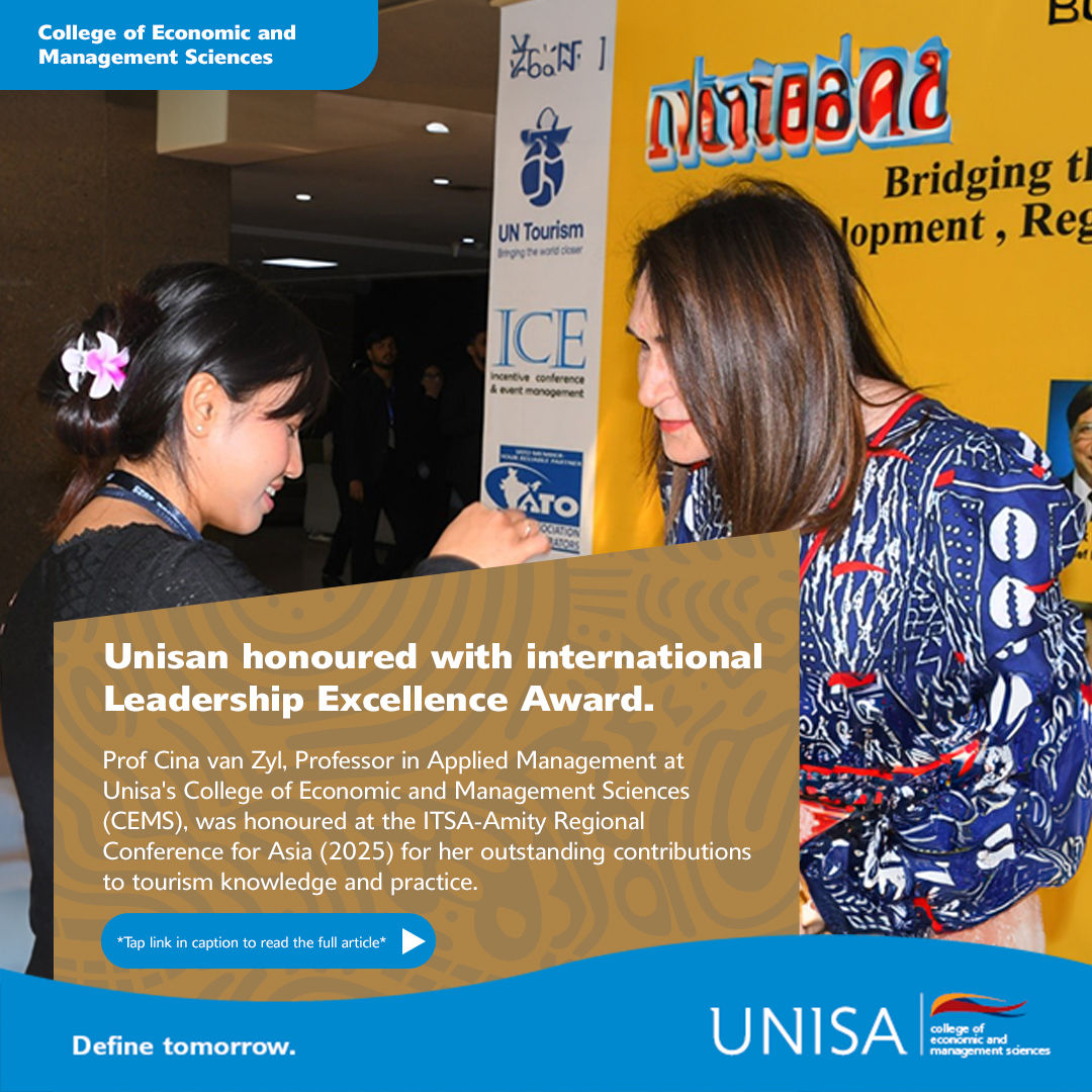 unisa's tweet photo. Prof Cina van Zyl from the College of Economic and Management Sciences has received the prestigious Leadership Excellence Award at the inaugural ITSA–Amity Regional Conference for Asia 2025 in recognition of her influential global leadership in tourism studies.

https://t.co/EjR8d0qnkR

#Unisa150andBeyond #UnisaCEMS
