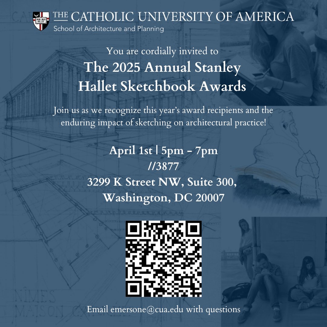 Catholic University School of Architecture (@cuarch) on Twitter photo You are cordially invited to the 2025 Annual Stanley Hallet Sketchbook Awards!
RSVP today at the link: eventbrite.com/e/the-2025-ann…
Email emersone@cua.edu with any questions. You are cordially invited to the 2025 Annual Stanley Hallet Sketchbook Awards!
RSVP today at the link: eventbrite.com/e/the-2025-ann…
Email emersone@cua.edu with any questions.