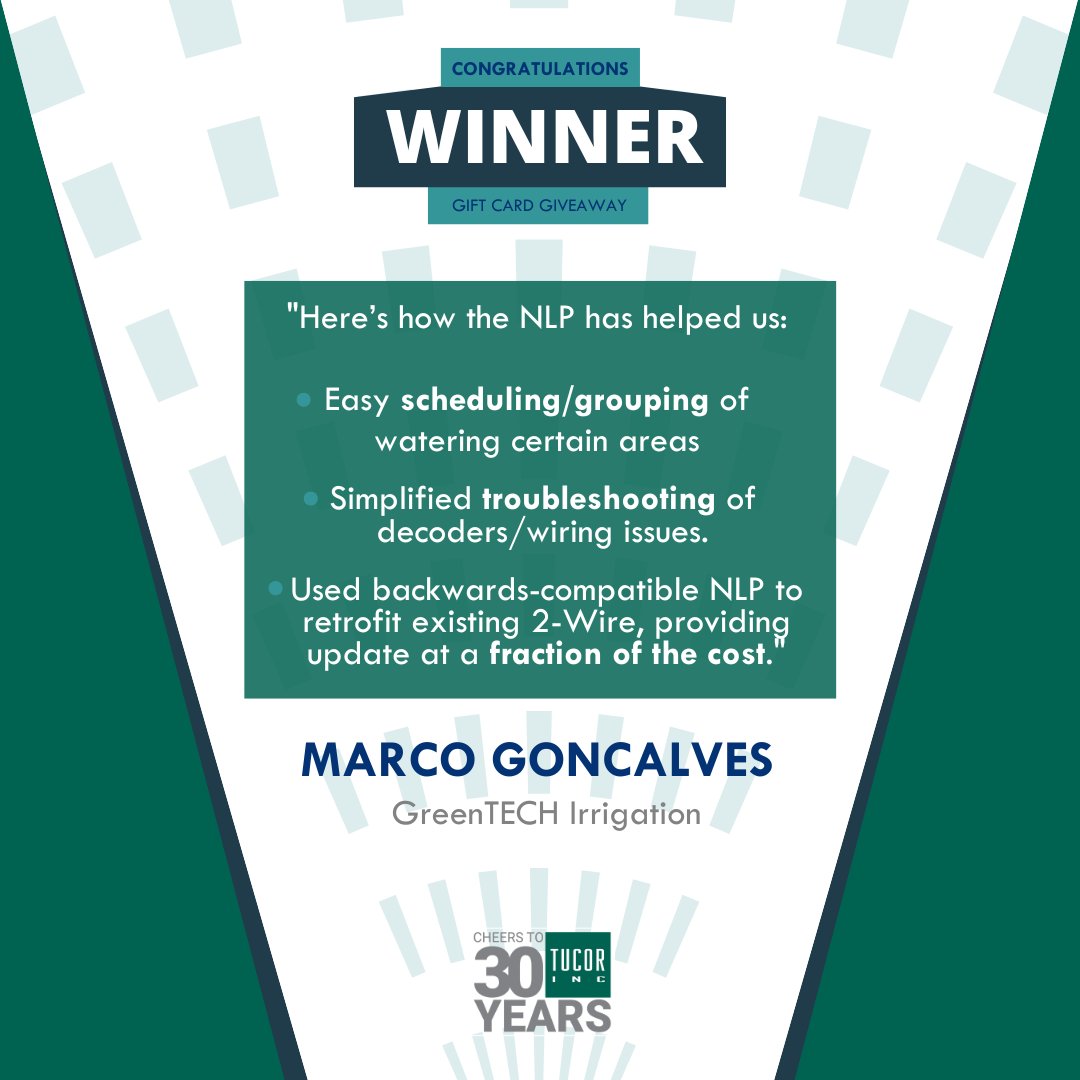 Tucor, Inc. (@tucorinc) on Twitter photo 🎉 GIVEAWAY WINNER ANNOUNCEMENT 🎉
Congratulations to Marco Goncalves at GreenTECH Irrigation & for winning our "How has Tucor helped you save?" giveaway! 
#Tucor #IrrigationInnovation #SmartIrrigation #WaterSavings #2Wire #CheersTo30Years #GiveawayWinner #Irrigation 🎉 GIVEAWAY WINNER ANNOUNCEMENT 🎉
Congratulations to Marco Goncalves at GreenTECH Irrigation & for winning our "How has Tucor helped you save?" giveaway! 
#Tucor #IrrigationInnovation #SmartIrrigation #WaterSavings #2Wire #CheersTo30Years #GiveawayWinner #Irrigation