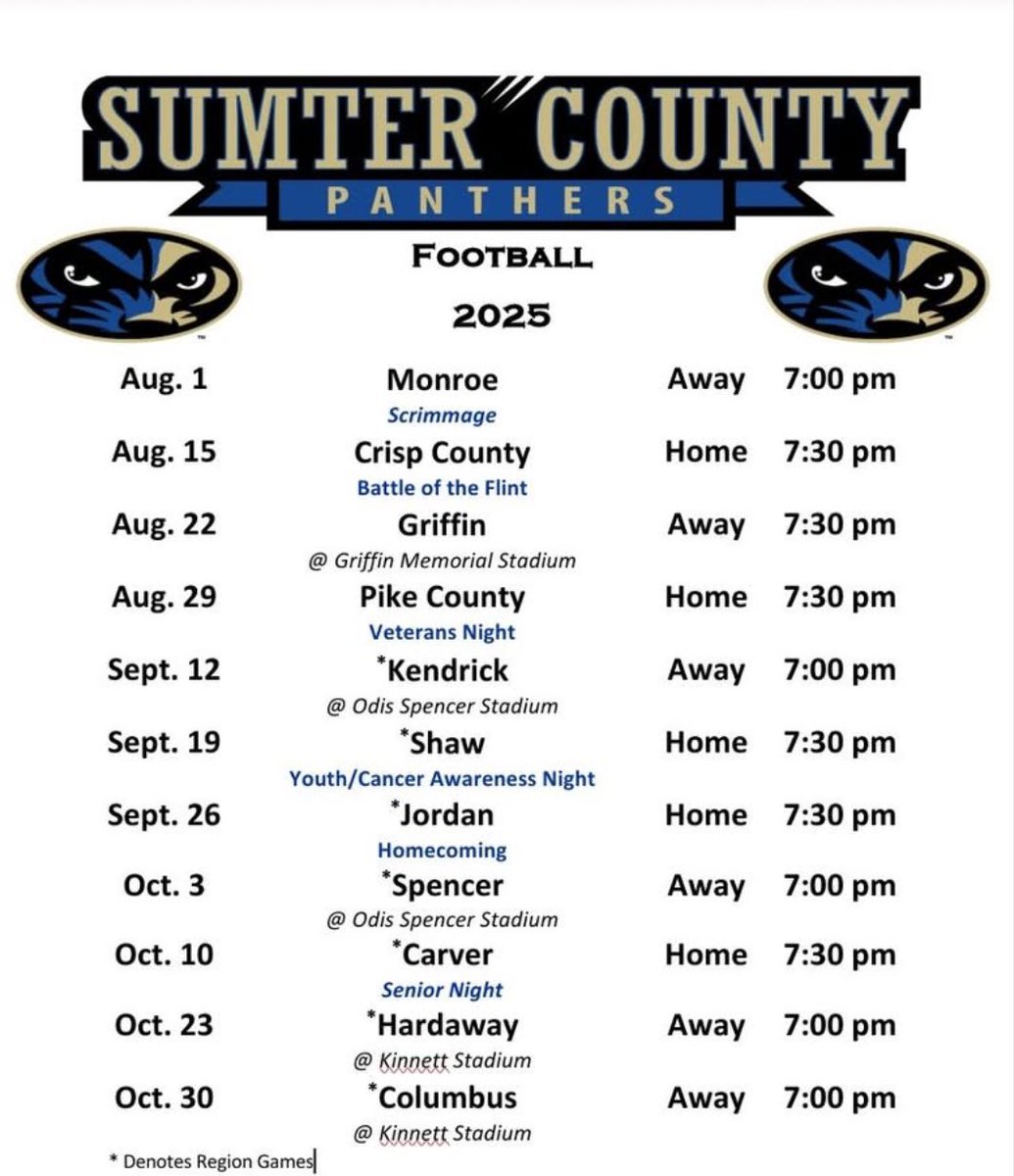 SC_PANTHER_FB's tweet image. The OFFICIAL 2025 Football schedule is out now! 😈 Are you ready to hunt? Save the dates! #GoHunt #SznLoading 💪🏽
