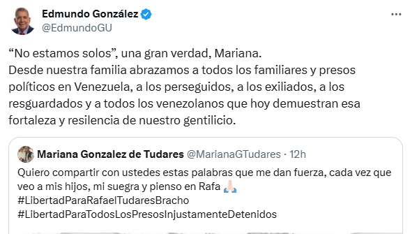 EVTVMiami's tweet photo. #EsNoticia 🇻🇪 Edmundo González Urrutia (@EdmundoGU) expresa solidaridad con familiares de presos políticos en Venezuela

📲Más en https://t.co/q16M2L9qR9 https://t.co/JgUcoNhnte