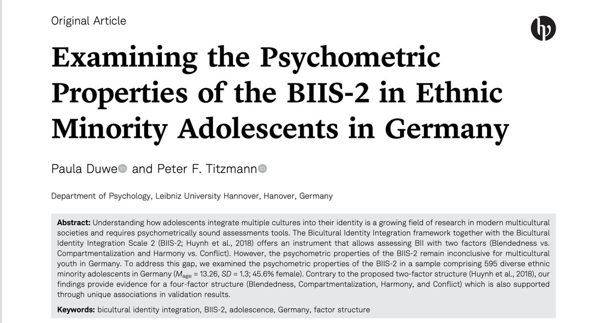 📢 We’re catching up on past PTAD research!
🤝 Duwe &amp; Titzmann examined bicultural identity integration among ethnic minority adolescents in Germany, revealing a four-factor structure instead of the expected two.
🔗 doi.org/10.1027/2698-1…
<a href="/EAPA_Science/">European Association of Psychological Assessment</a>