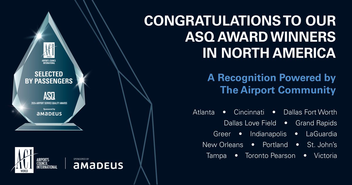 🎉 Congratulations to all the 2024 ASQ Awards winners in North America!

The Airport Service Quality (ASQ) Awards by ACI World recognize the best airports for customer experience—as selected by passengers.

The ASQ Awards Gala Dinner Ceremony will take place at the Airport