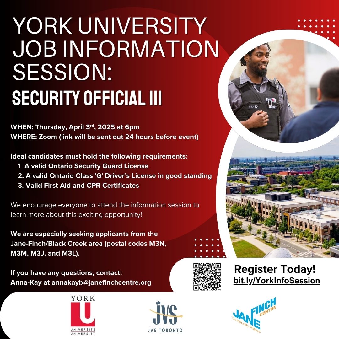 York U-TD Community Engagement Centre (@yorkutdcec) on Twitter photo Job Opportunity: Security Official III at York University
Register Today: Contact Anna-Kay at annakayb@janefinchcentre.org or visit bit.ly/YorkInfoSession Job Opportunity: Security Official III at York University
Register Today: Contact Anna-Kay at annakayb@janefinchcentre.org or visit bit.ly/YorkInfoSession