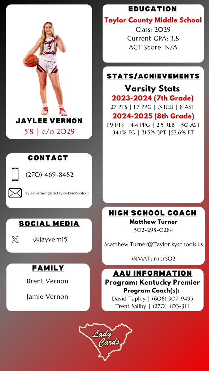 Matthew Turner (@maturner502) on Twitter photo Player Profile
Jaylee Vernon | <a href="/jayvern15/">jaylee vernon</a>
8th Grade at Taylor County
Varsity Experience: 2 years <a href="/TCHSLadyCards/">Taylor County Girls Basketball</a>
AAU Program: <a href="/KentuckyPremier/">Kentucky Premier EYBL</a>
#ladycards #believe Player Profile
Jaylee Vernon | <a href="/jayvern15/">jaylee vernon</a>
8th Grade at Taylor County
Varsity Experience: 2 years <a href="/TCHSLadyCards/">Taylor County Girls Basketball</a>
AAU Program: <a href="/KentuckyPremier/">Kentucky Premier EYBL</a>
#ladycards #believe