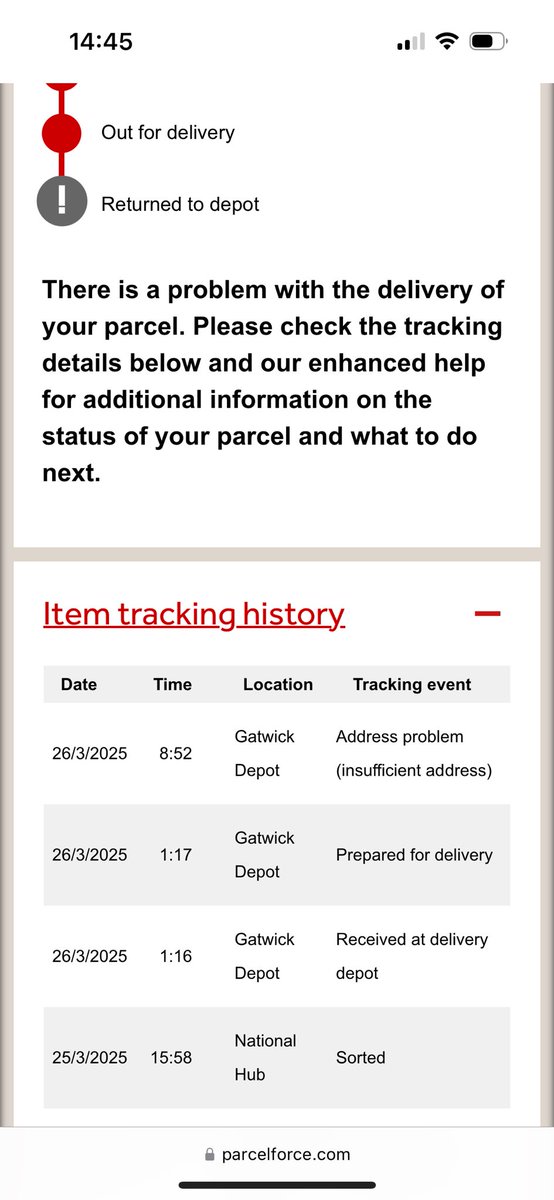 BethStandeen's tweet photo. @parcelforce we’re getting this error with a parcel, how can I update the address? https://t.co/QEKGbwrGAO