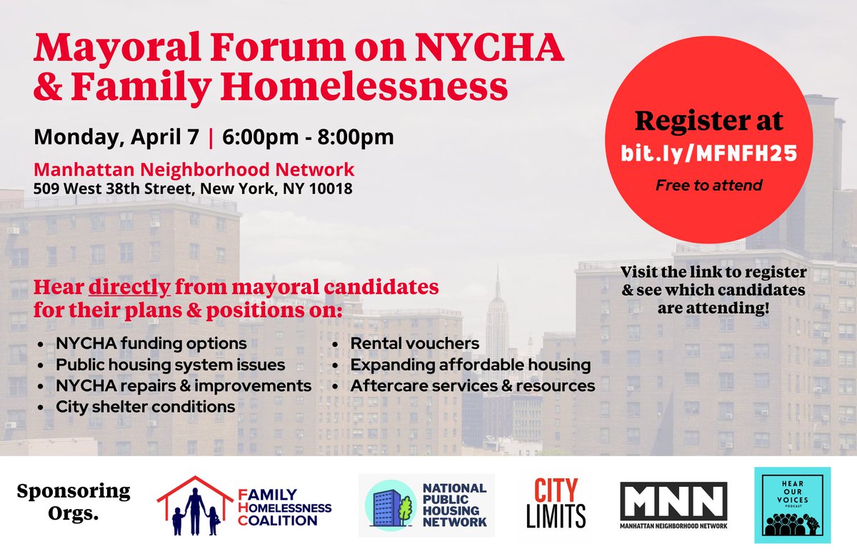 <a href="/Gothamist/">Gothamist</a> The Family Homelessness Coalition is hosting a Mayoral Forum on NYCHA &amp; Family Homelessness on Monday, April 7 from 6 to 8 PM.
Space is limited. Reserve your spot today: eventbrite.com/e/mayoral-cand…