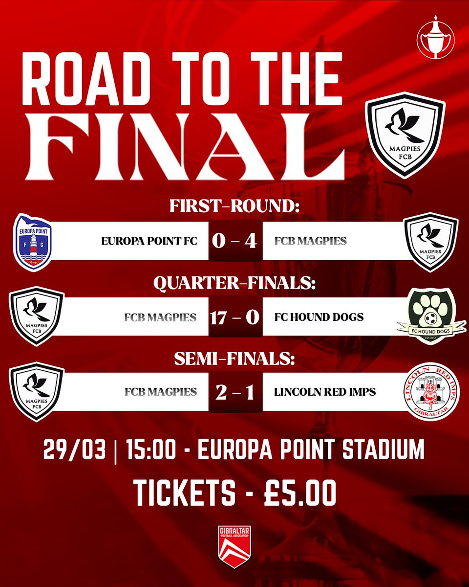 Gibraltar FA (@gibraltarfa) on Twitter photo The Road to tomorrow's #RockCup Final for <a href="/BrunosMagpies/">FCB Magpies</a>... 🐦⬛
Will they be victorious come Full-Time on Saturday? Get your tickets now to find out live! tickets.gibraltarfa.com 🔗 The Road to tomorrow's #RockCup Final for <a href="/BrunosMagpies/">FCB Magpies</a>... 🐦⬛
Will they be victorious come Full-Time on Saturday? Get your tickets now to find out live! tickets.gibraltarfa.com 🔗