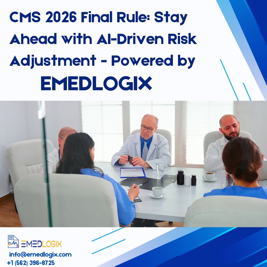 emedlogix's tweet image. CMS 2026 Final Rule: Stay Ahead with AI-Driven Risk Adjustment!
CMS updates demand precision—100% CMS-HCC model, 4.33% MA payment increase &amp;amp; tighter audits. EMEDLOGIX ensures 95%+ HCC coding accuracy, automated workflows &amp;amp; compliance-ready documentation.
#CMS2026 #RiskAdjustment