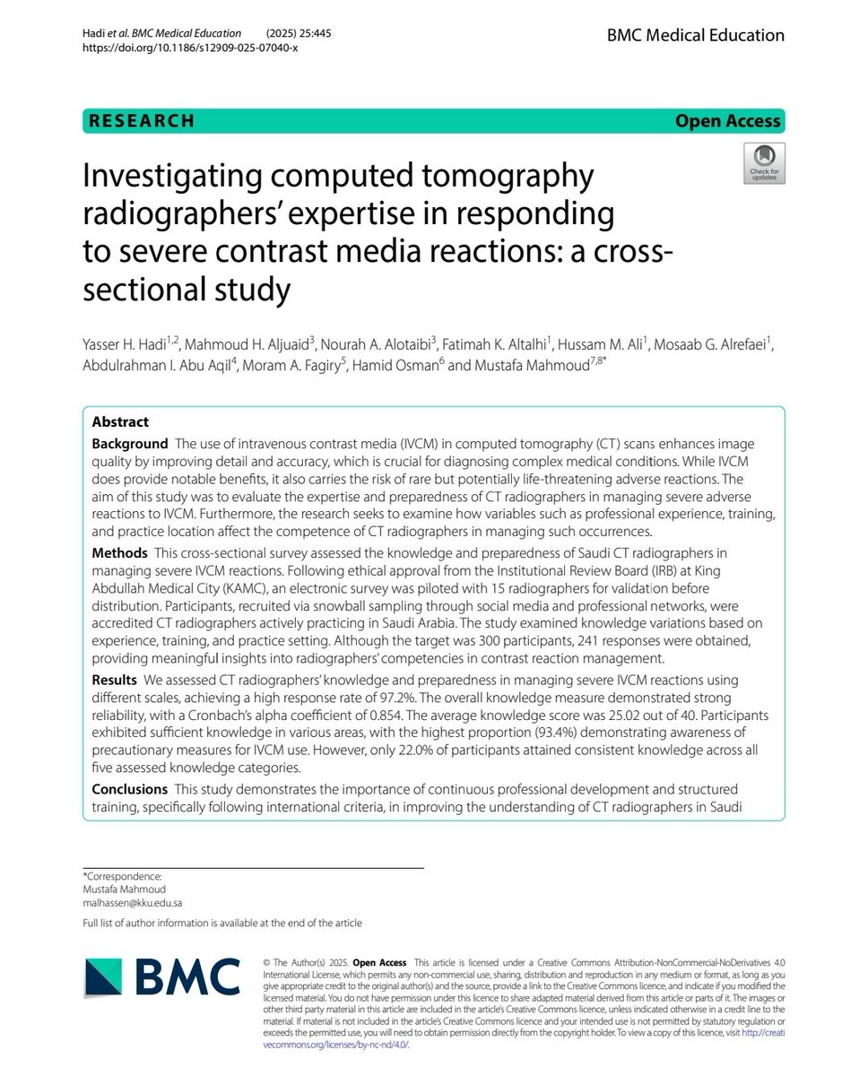 Excited to share our new publication in BMC Medical Education:
"CT Radiographers’ Preparedness for Severe Contrast Media Reactions"

🔗 bmcmededuc.biomedcentral.com/articles/10.11…

Thanks to my brilliant co-authors for the teamwork!