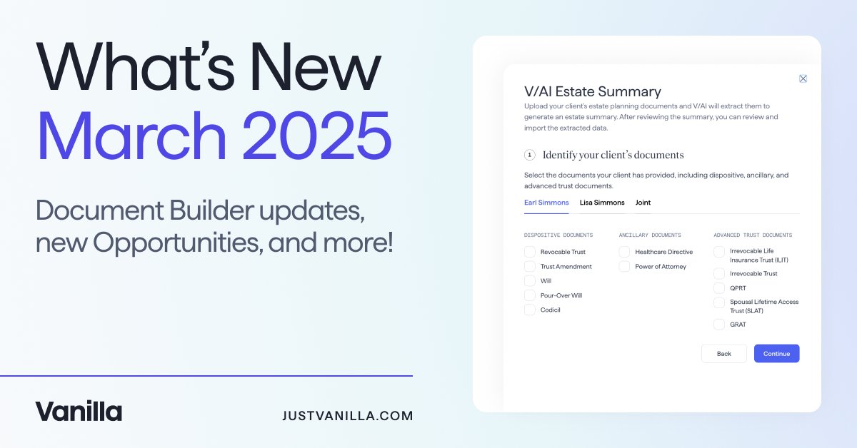Vanilla is supercharging the advisor experience with V/AI Estate Summaries, Automatic Profiles, and Opportunities.

Read about our latest release: bit.ly/3DXXbN1

#Vanilla #EstatePlanning #WealthManagement #AdvisorTech #AIforAdvisors