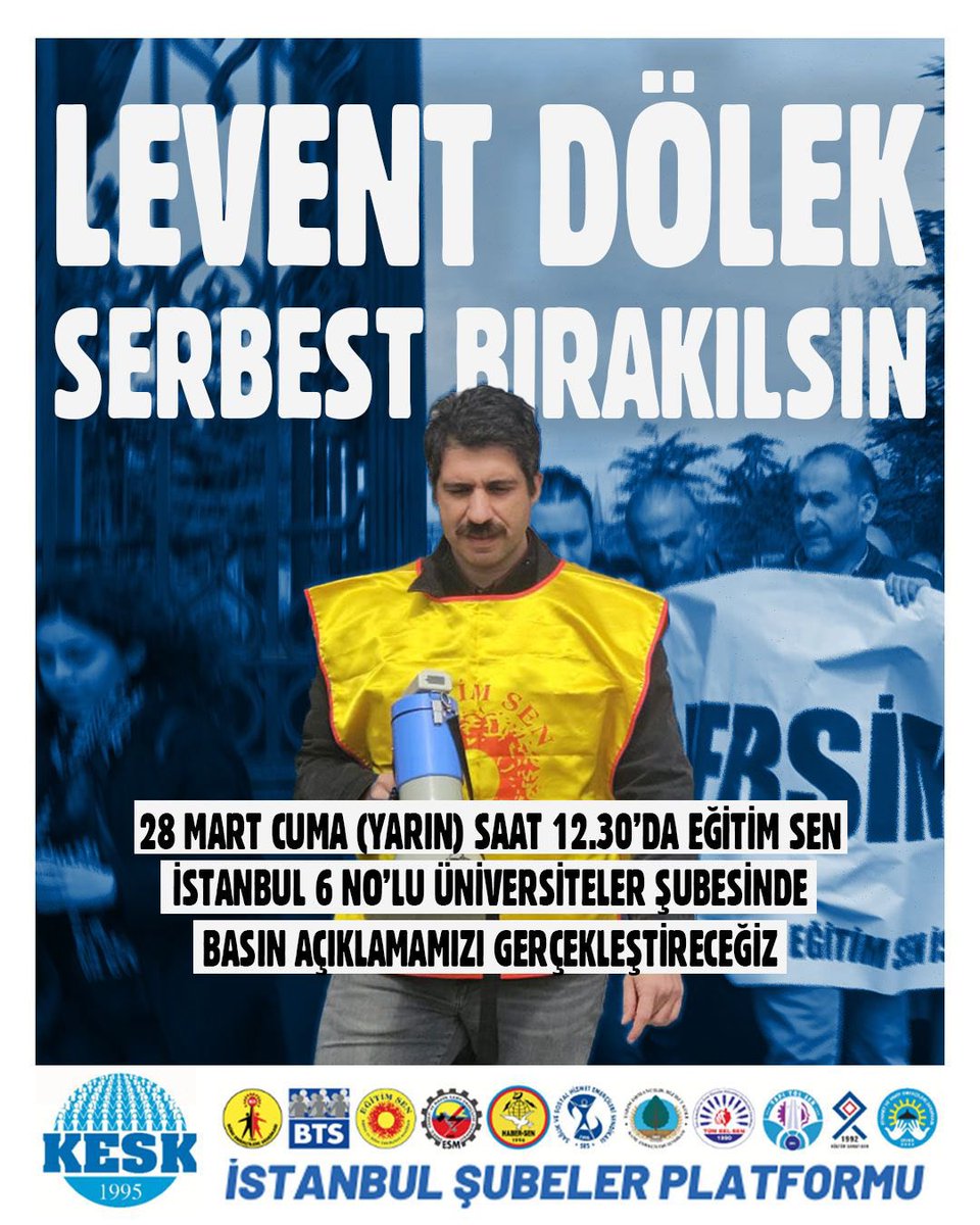 📌 Basın Açıklaması
📍 İstanbul 6 nolu üniversiteler şubesi 
⏳28 Mart 2025 12.30 

Eğitim Sen (<a href="/egitimsen/">Eğitim Sen</a> ) İstanbul Üniversitesi İş Yeri Temsilcimiz Levent Dölek, bugün çıkarıldığı mahkemece hukuksuz bir şekilde tutuklanmıştır. 
Bu tutuklama, düşünce ve ifade özgürlüğüne,
