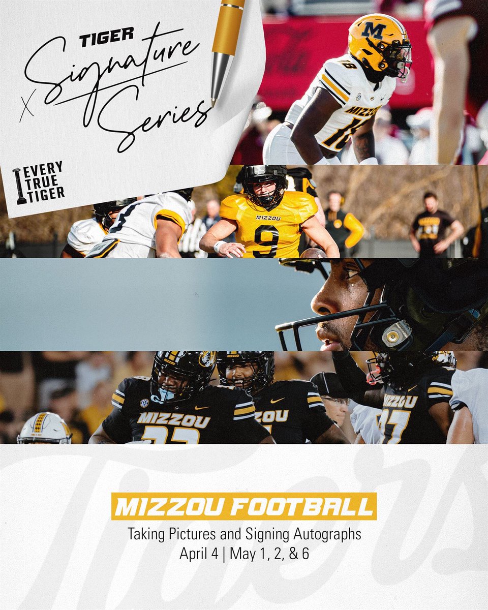 The boys of fall are stopping by this spring! 🏈🐯Come meet Mizzou Football at select events! ✍️⚫️🟡
#SignatureSeries #ETTB #MIZ <a href="/MizzouAthletics/">Mizzou Athletics</a> <a href="/EveryTrueTiger/">Every True Tiger Brands</a> <a href="/MizzouFootball/">Mizzou Football</a>