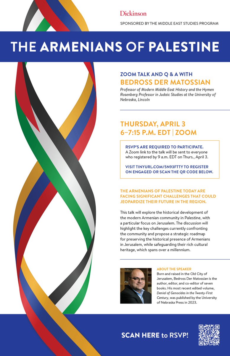 Bedross Der Matossian (@bedrossdm) on Twitter photo Dear Friends,
Next Thursday, April 3rd, I will be giving a talk on The Armenians of Palestine. The talk is sponsored by the Middle East Studies Program at <a href="/DickinsonCol/">Dickinson College</a>. Below, you will find the Zoom information. <a href="/unlcas/">Nebraska CAS</a> <a href="/UNLHistory/">Neb. History Dept.</a>
Looking forward to seeing you there! Dear Friends,
Next Thursday, April 3rd, I will be giving a talk on The Armenians of Palestine. The talk is sponsored by the Middle East Studies Program at <a href="/DickinsonCol/">Dickinson College</a>. Below, you will find the Zoom information. <a href="/unlcas/">Nebraska CAS</a> <a href="/UNLHistory/">Neb. History Dept.</a>
Looking forward to seeing you there!
